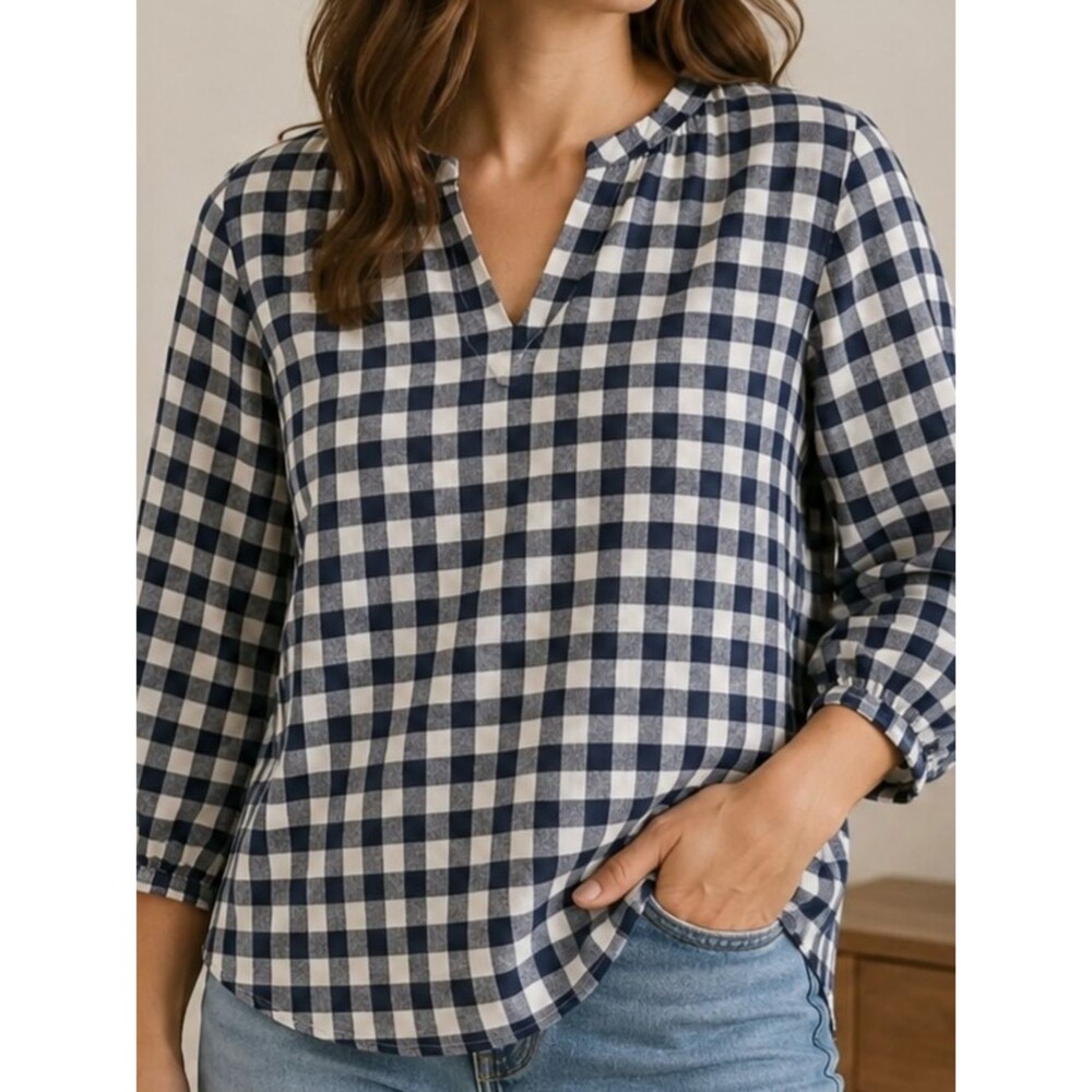 Old Navy Navy White Gingham Linen Blend Peasant Blouse Size Small 3/4 Sleeve Cot